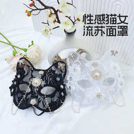 跨境专供万圣节蕾丝面具半脸女化装舞会cosplay动物猫脸黑色面具