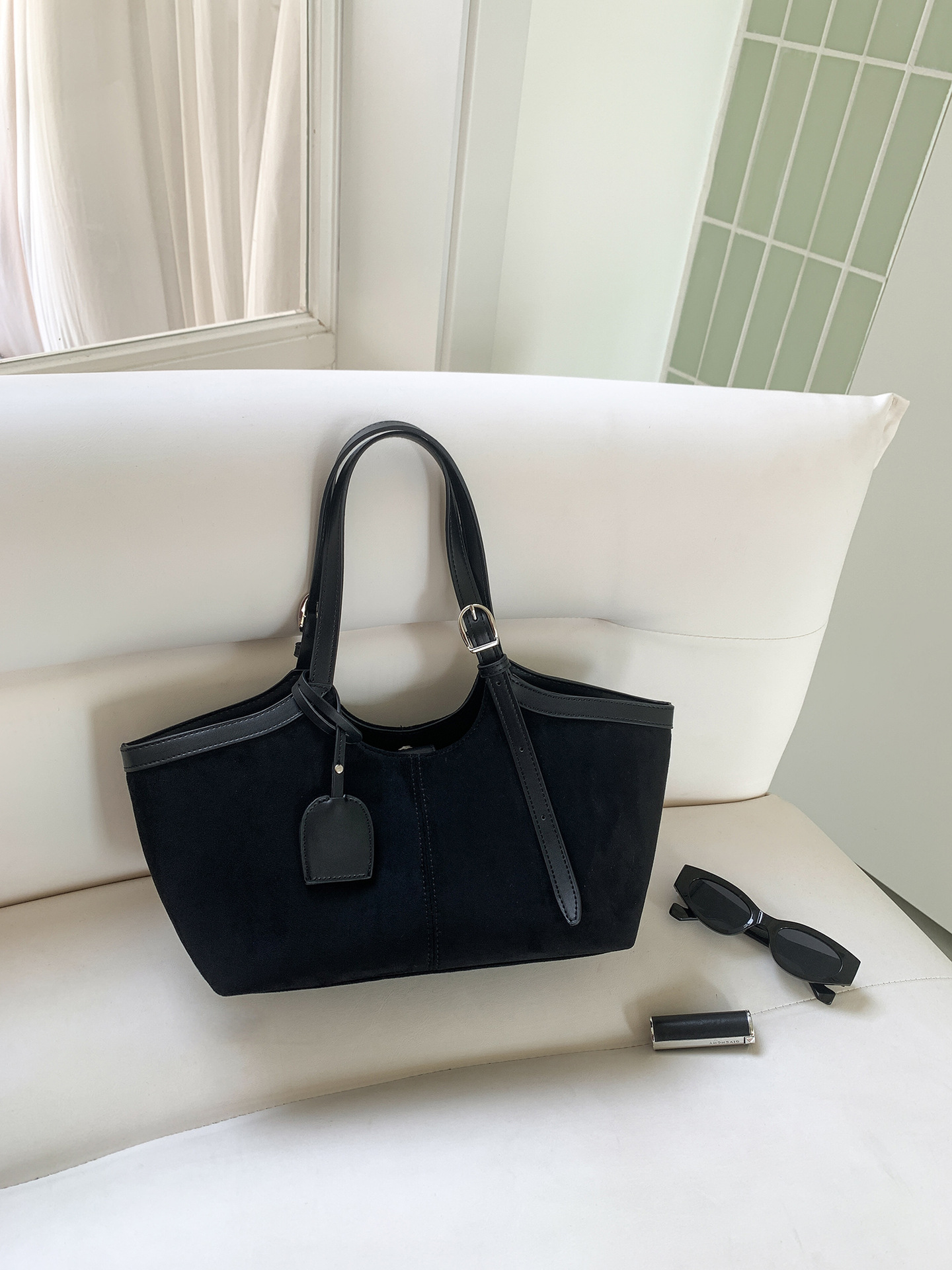 Autumn/Winter Suede PU Patchwork Creative Market Tote Bag Large Capacity New Commuter Shoulder Bag for Women - Thumbnail 8