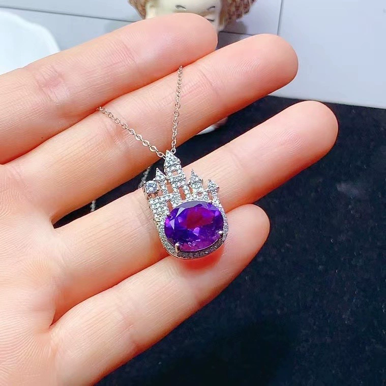 925 серебряный инкрустированный натуральный аметист замок ожерелье женская мода личность ожерелье мастер камень Размер: 10 × 12
