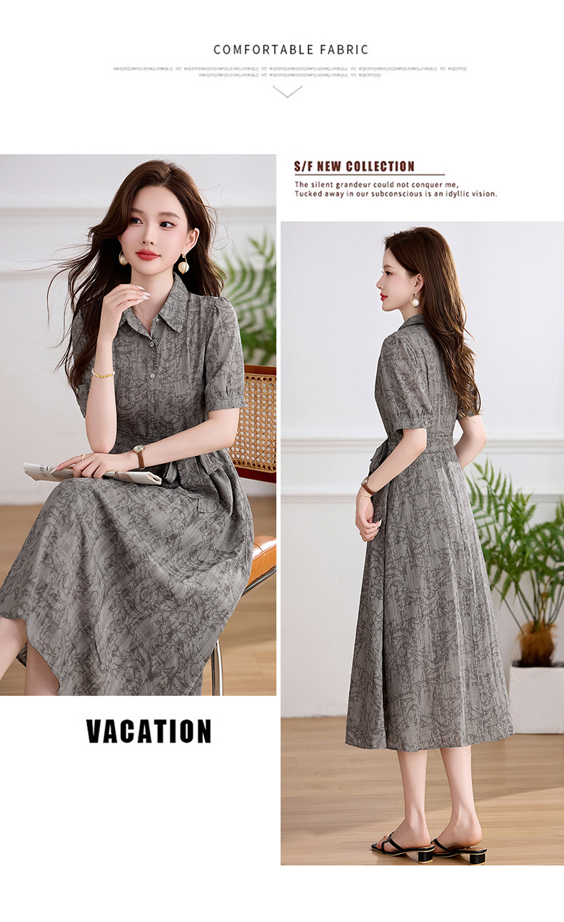 Đầm suông midi cổ bẻ họa tiết hoa nhí thiết kế dây buộc eo — xanh lá cây, màu xám chi tiết 22