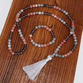 跨境新款粉晶闪光石串珠项链108颗石头MALA项链手工制作瑜伽项链