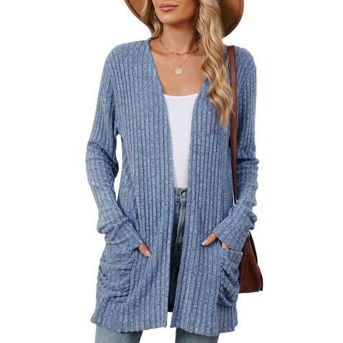 European and American pure color casual pocket long sleeve crew neck knit sweater