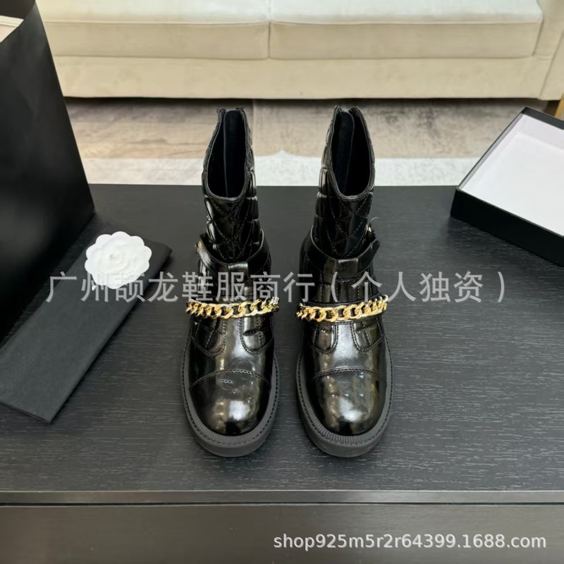 高端2025新款小香风真皮圆头金属扣链条厚底针织弹力瘦瘦靴短靴女|undefined