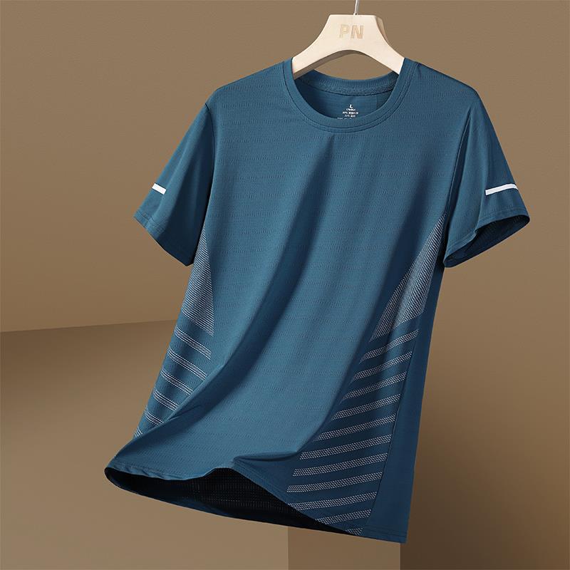 [Puesto en stock] Camiseta de manga corta de seda de hielo para hombre de verano delgada suelta deportes de secado rápido transpirable de alta calidad a rayas T