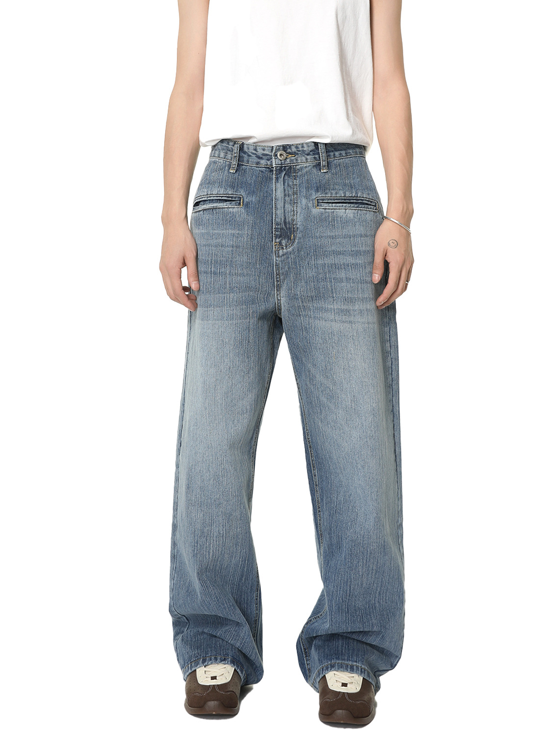 MTLCLOTHES Hombres| Diseño de personalidad coreano anti-bolsillo de moda blanco lavado jeans de estilo recto