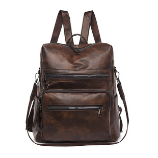 Cross-border Women's Bag New Soft Leather Texture Backpack Korean Style Fashion Retro Schoolbag Simple Solid Color Trendy Travel Bag