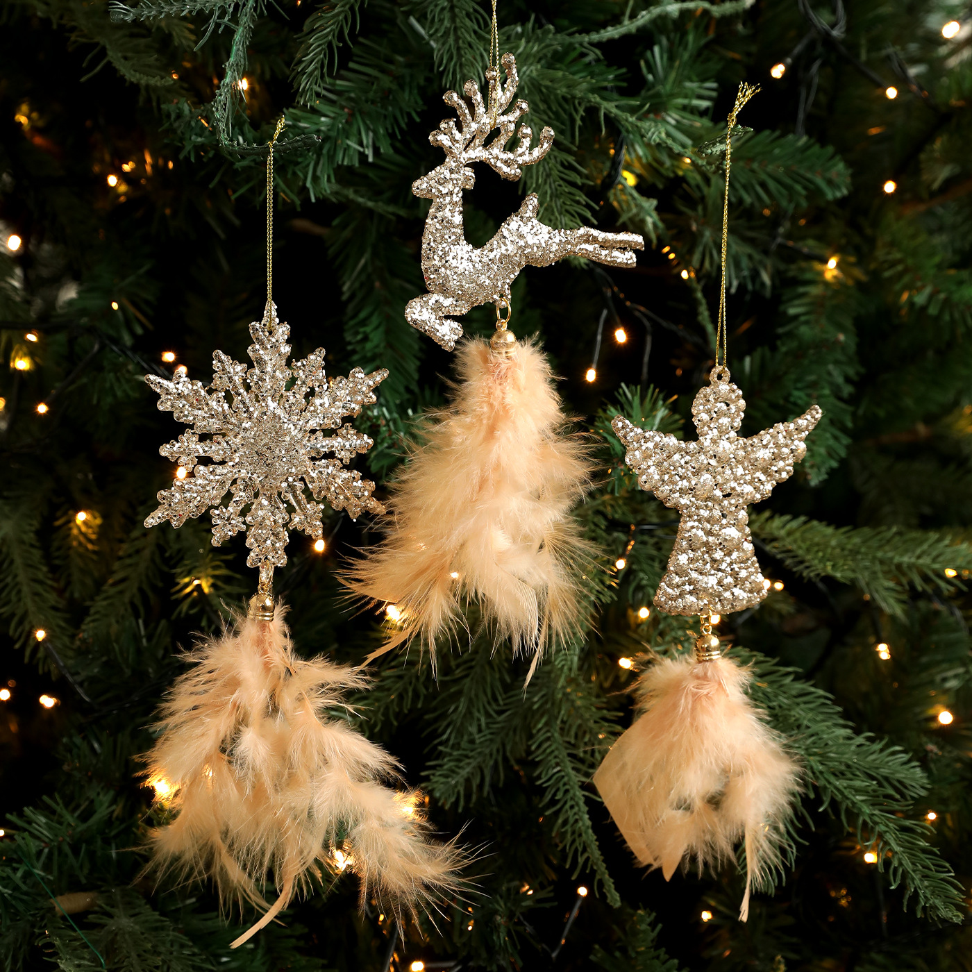 Plumas de oro transfronterizas de polvo pegajoso de copos de nieve colgante de plástico árbol de Navidad colgante decoración de atmósfera de vacaciones