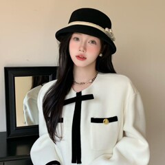 秋冬赫本风复古车线蝴蝶结羊毛渔夫帽子女英伦时尚显脸小礼帽盆帽
