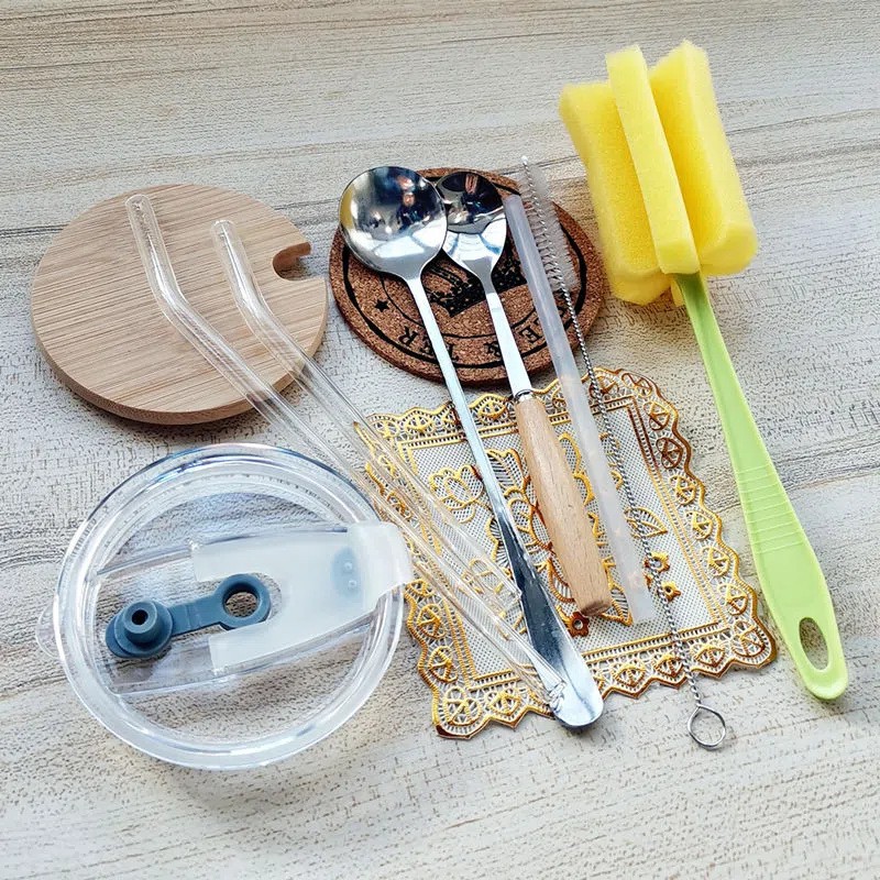 Glass cup lid, straw lid, straw, bamboo lid, wooden handle spoon, cup mat, cup brush, straw brush, cup accessories