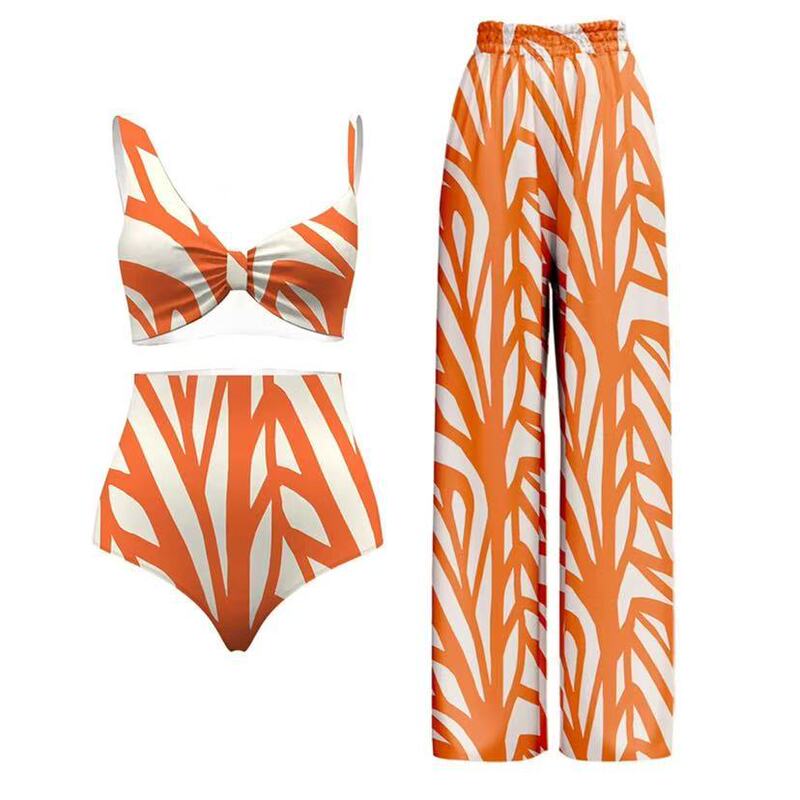 2025 Europe and the United States foreign trade independent station new three-piece fashion split swimsuit striped printed blouse sunscreen swimsuit