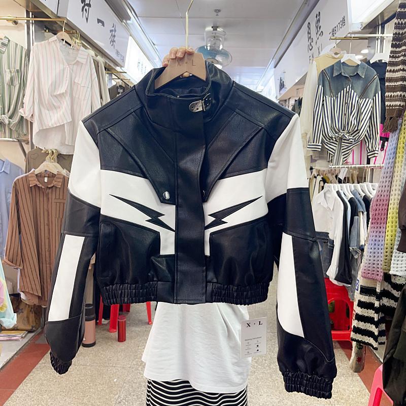 2024 Spring and Autumn New Street Motorcycle Handsome Coat Female Black and White Contrast Color Stitching Embroidered Leather Coat Female