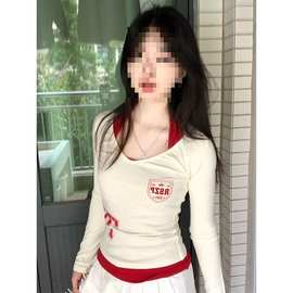 美式复古辣妹挂脖吊带长袖恤女秋季新款紧身运动假两件短款上衣