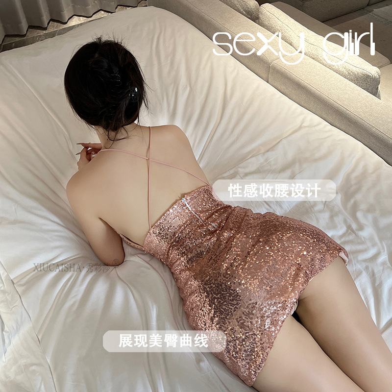 Deep V Sequin Suspender Skirt Lingerie Set with Thong, One Size — detail image 4