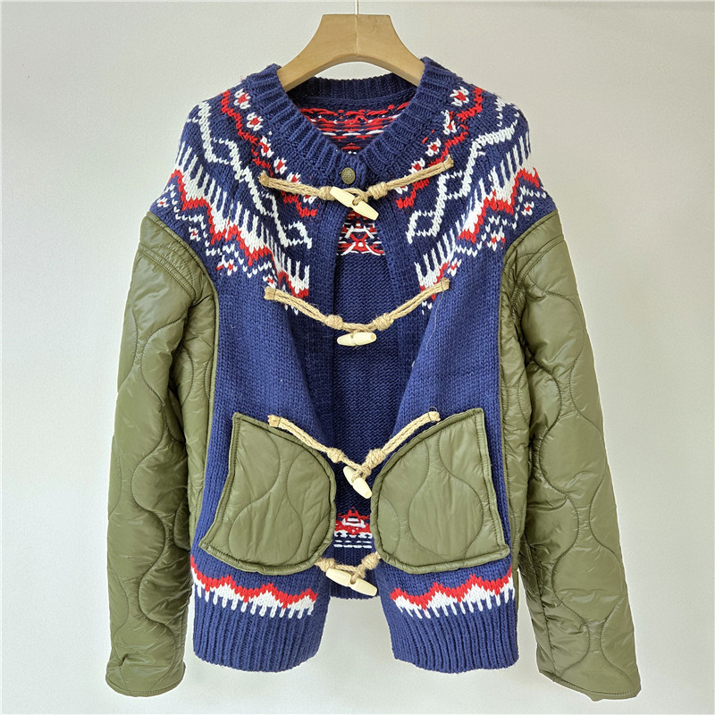 Corea del año 2025 otoño y invierno nuevo estilo perezoso de tejido de costura de color contraste chaqueta de algodón abrigo de diseño sensación de abrigo de moda