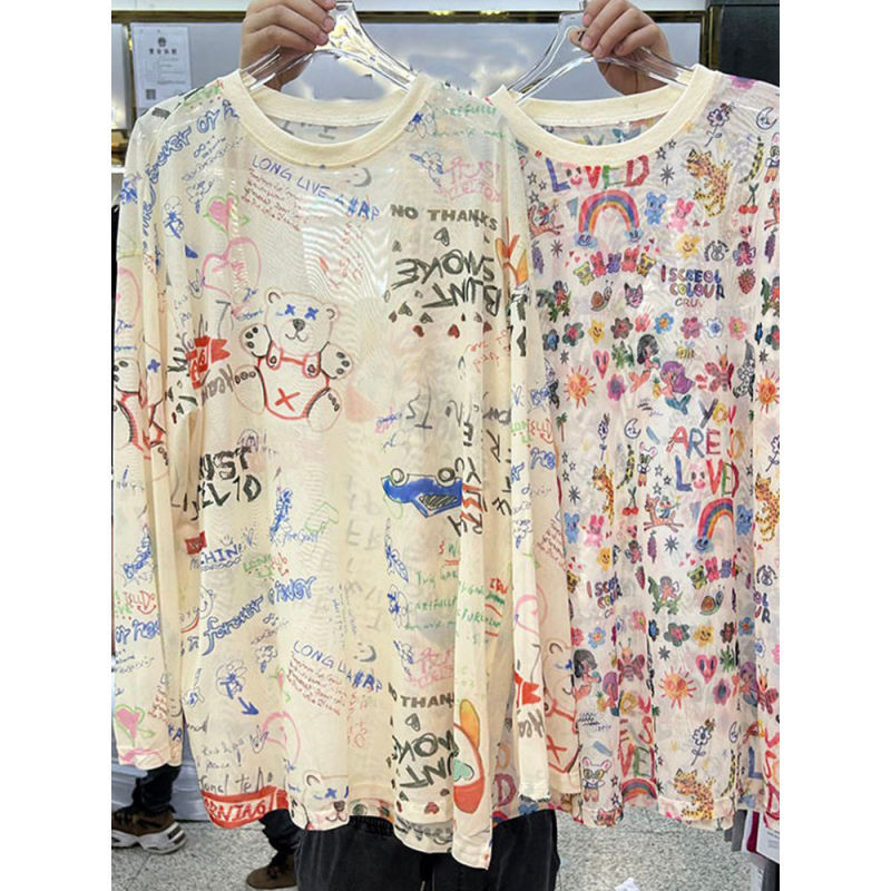 Graffiti Printed Mesh Long-Sleeved T-Shirt for Women in Summer Thin Inner Ice Silk Sun Protection Blouse Mid-Length Transparent Top