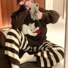 韩国ins女士秋冬新品韩版可爱猫咪半边绒保暖舒适家居服睡衣套装