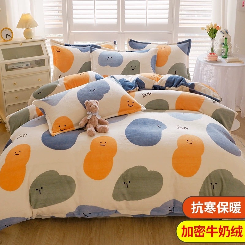 Cubierta de edredón de lana de leche de invierno de dibujos animados para niños pieza individual 150x200 terciopelo de coral más terciopelo grueso 1.5 juego de cama de cuatro piezas