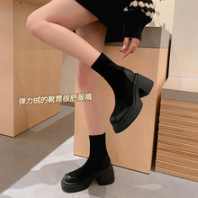 帥氣炸街圓頭短靴女新款厚底牛皮拼接彈力靴高跟一腳蹬韓版瘦瘦靴