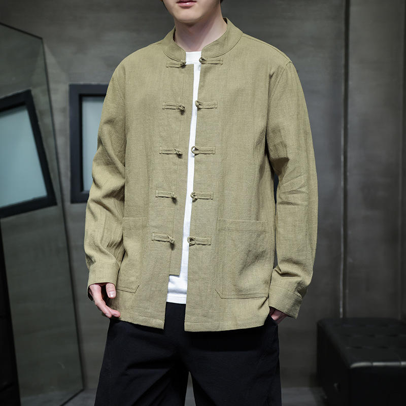 Tang Style Men's Spring and Autumn New Chinese Style Men's Chinese Style Linen Jacket Long Sleeve Shirt Cotton Linen Top Vintage Shirt Tang Style Men's Spring and Autumn New Chinese Style Men's Chinese Style Linen Jacket Long Sleeve Shirt Cotton Linen Top Vintage Shirt