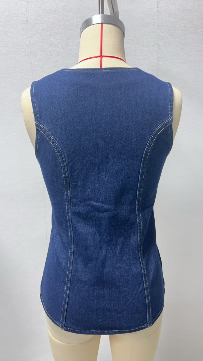 262g Weight Sleeveless Sleeve Length Single Breasted Placket Type Polyester, Denim Fabric Type Regular Top Length Vest Tops Type Holiday, Travel, Daily Occasion Round Neck Neckline Slim Fit Type Solid Color Pattern Summer Season Women's Gender Streetwear Style Wholesale Women's Streetwear Solid Color Sleeveless Tank Tops 2