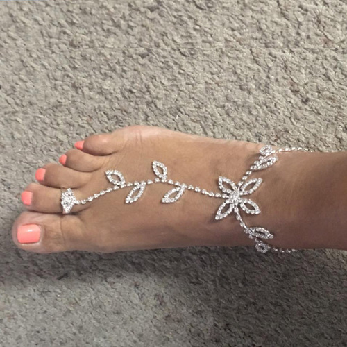 European and American popular accessories, personalized leaf-shaped water diamond bangle ankle chain, summer beach ankle accessories, cross-border accessories Anklet