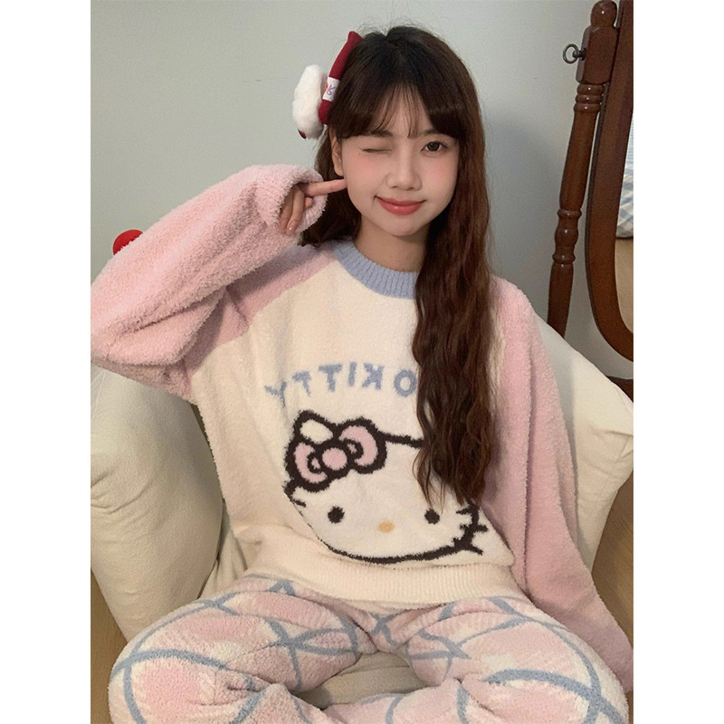 甜美卡通HelloKitty半边绒睡衣女冬季加厚保暖针织长裤家居服套装|undefined