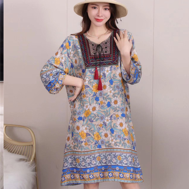 タイ風Aラインコットンワンピース、夏向け、クロスボーダーコットンシルクワンピース、アーティスティックレトロエスニック風婦人服