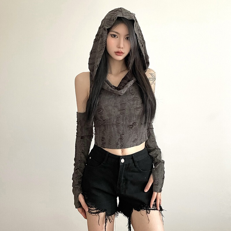 MR Original Rapped Cloth Waste Soil Style Sexy Spice Girls Hooded Top Women's Shoulder Slimming Design Sense Short T-Shirt