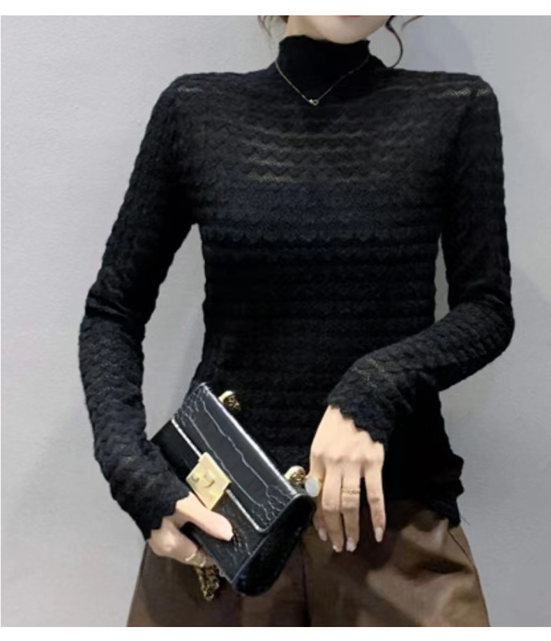 Maglia termica da donna a maniche lunghe con scollo a lupetto e pizzo floccato - Elegante capo da indossare a strati per l'autunno e l'inverno_voghion.com