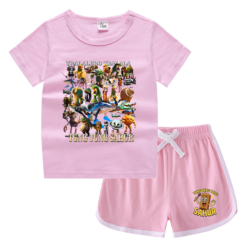 夏男の子服娘ラウンドネック Tシャツホットパンツ韓国風カジュアル半袖ボトムシャツスポーツ学生ショーツスーツ|undefined