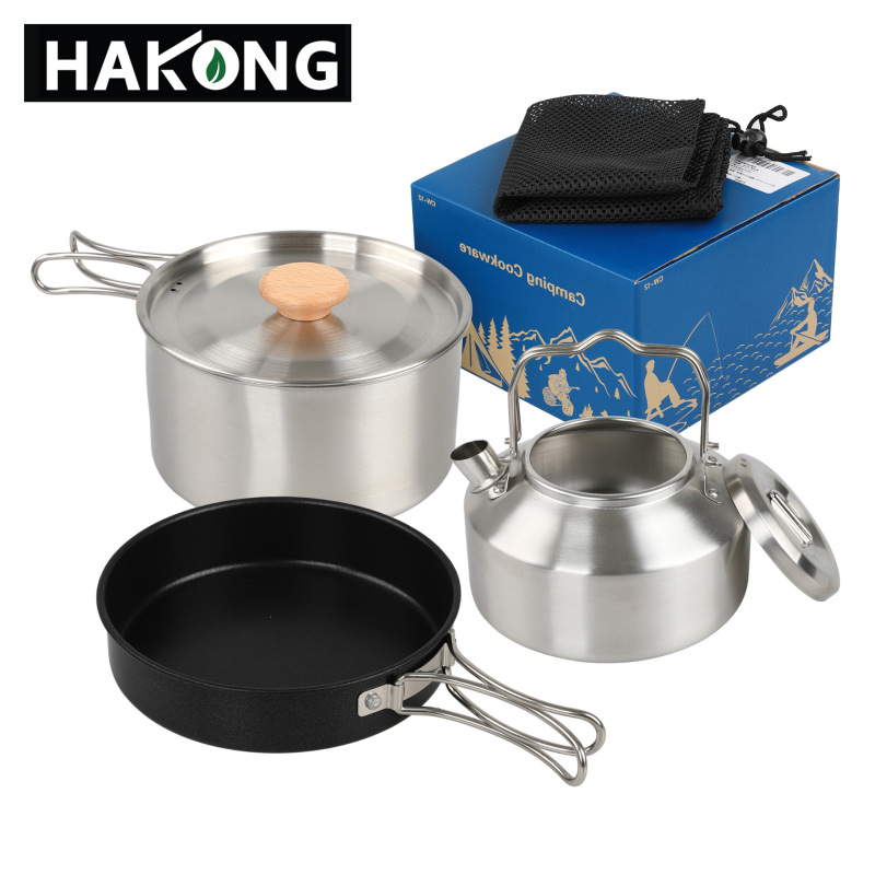 HALIN outdoor pot set camping stainless steel pot set 3-piece kettle frying pan portable picnic suit HALIN outdoor pot set camping stainless steel pot set 3-piece kettle frying pan portable picnic suit