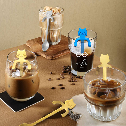 Factory direct selling stainless steel hanging cup cat spoon cartoon mug coffee dessert Amazon 304 stainless steel cat spoon