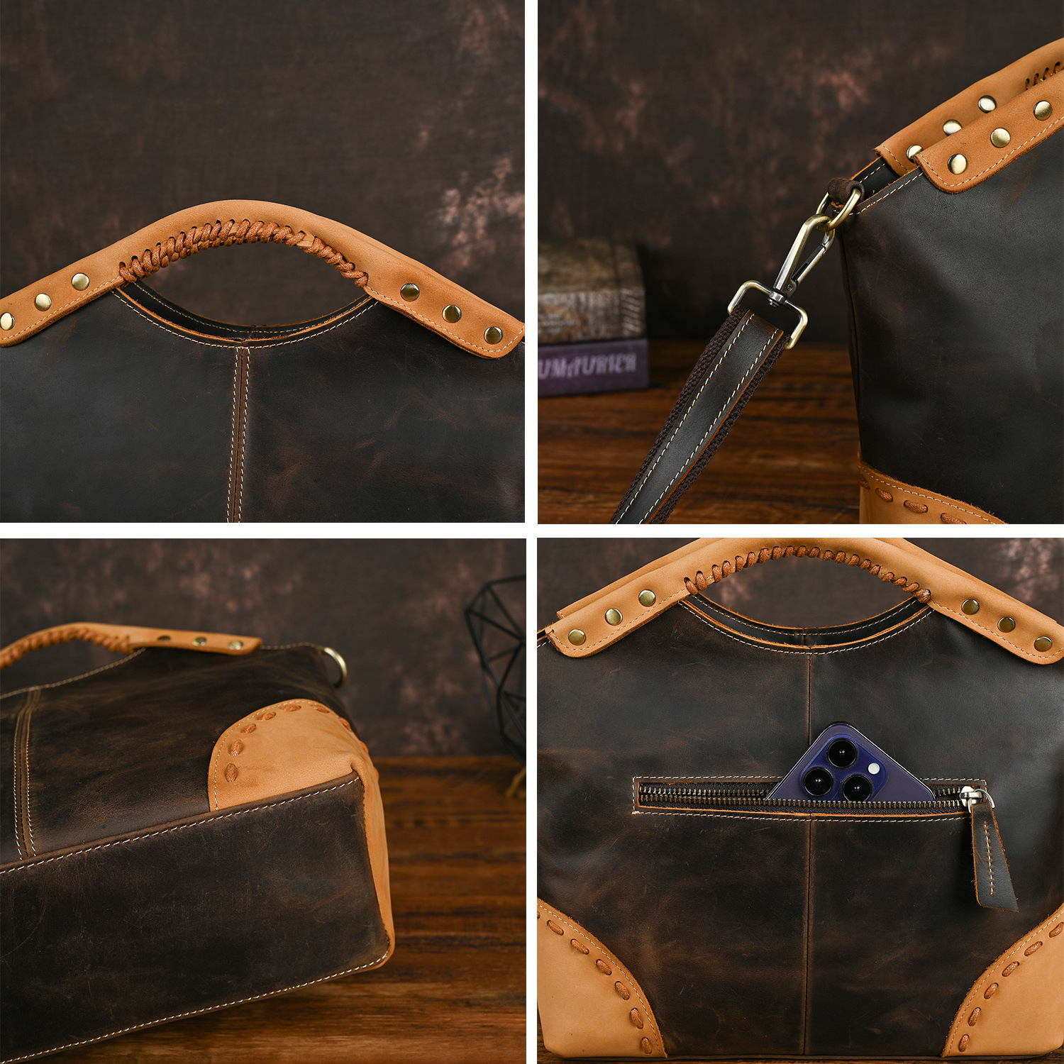 Bolso de mujer de piel de vaca de primera capa de cuero genuino retro transfronterizo color de contraste de moda bolso de mano de gran capacidad crossbody bolso de mujer portátil 6640