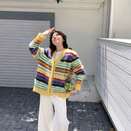 跨境彩虹条纹拉毛开衫毛衣女2026秋冬新款韩版宽松慵懒风针织外套