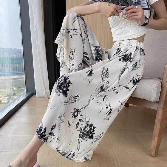 Ink Painting Printing Ice Silk Wide Leg Cropped Pants Women's Summer Thin 2024 New High Waist Loose Draping Pants