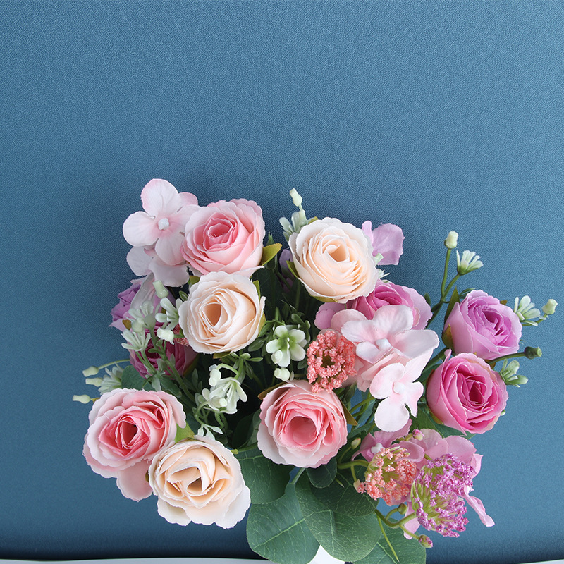 Artificial Rose Bouquet Rose hydrangea auspicioso Bud hogar sala de estar flor falsa planta decoración suministros la boda