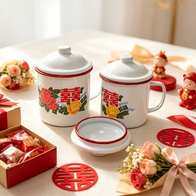 Enamel candy box, double happiness floral enamel cup with lid, wedding souvenir candy cup, vintage tea mug Enamel candy box, double happiness floral enamel cup with lid, wedding souvenir candy cup, vintage tea mug