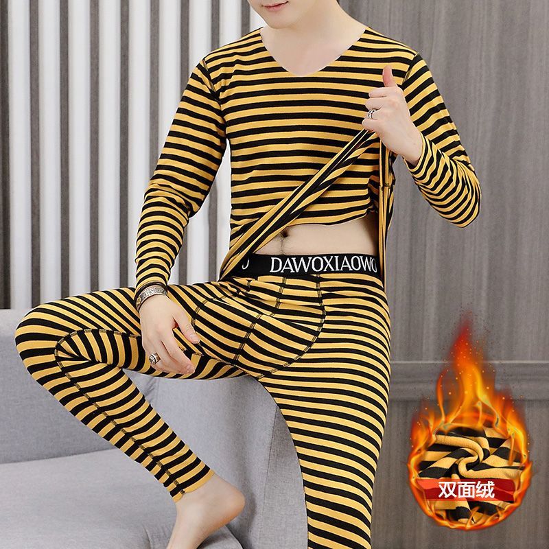 겨울 독일 벨벳 열 속옷 자체 가열 청소년 양면 플리스 줄무늬 바텀 셔츠 남성 가을 옷 및 가을 바지 정장