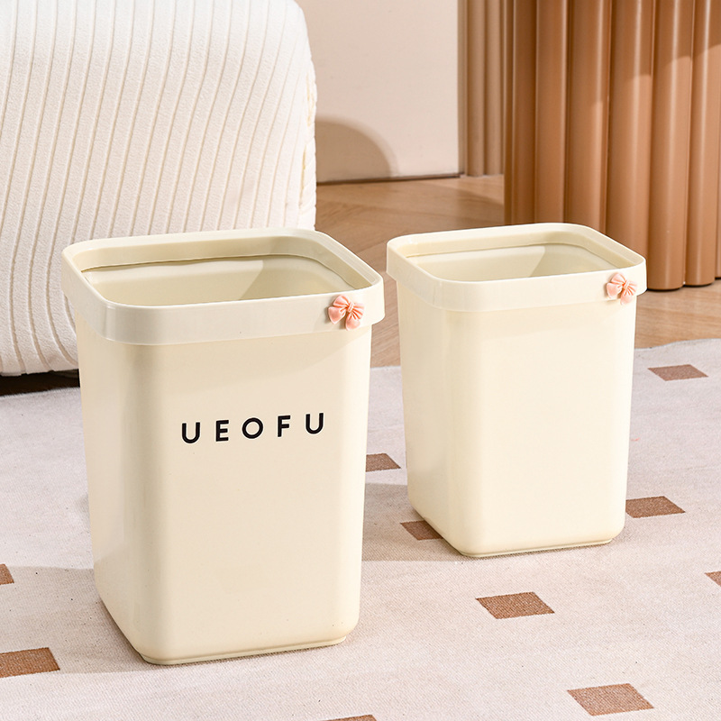 Simple and Stylish Large Household Trash Can for Living Room and Bathroom, Cream Style Without Lid, with Press Ring