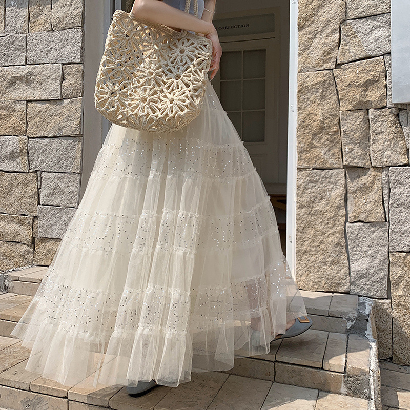 White Pleated Mesh Skirt for Women, Early Spring French Style Sequin Patchwork Fairy Long Skirt