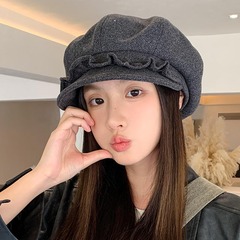 日系木耳边云朵八角帽女秋冬复古文艺复古大头围显脸小时尚报童帽