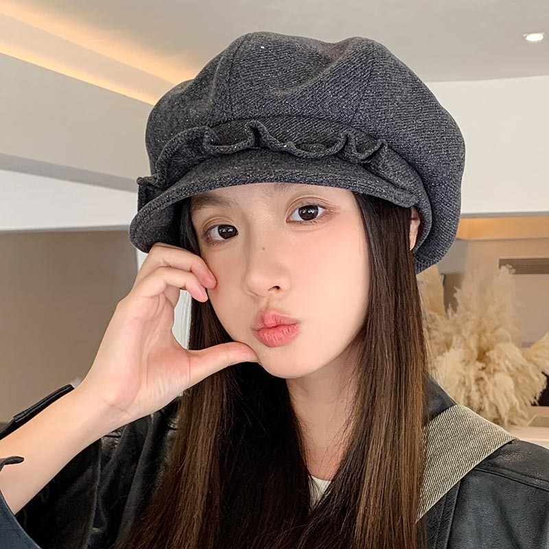 日系木耳边云朵八角帽女秋冬复古文艺复古大头围显脸小时尚报童帽|undefined