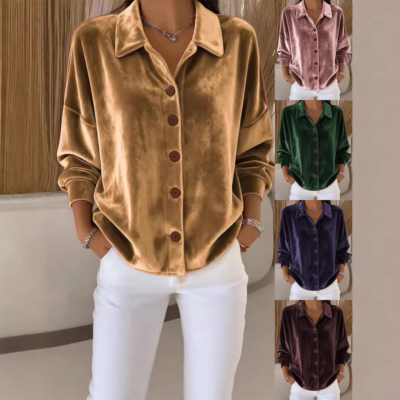Foreign Trade Amazon Independent Site Casual Long-Sleeve Shirt Collar Cardigan Velvet Women's Top Cross-Border European and American Women's Clothing