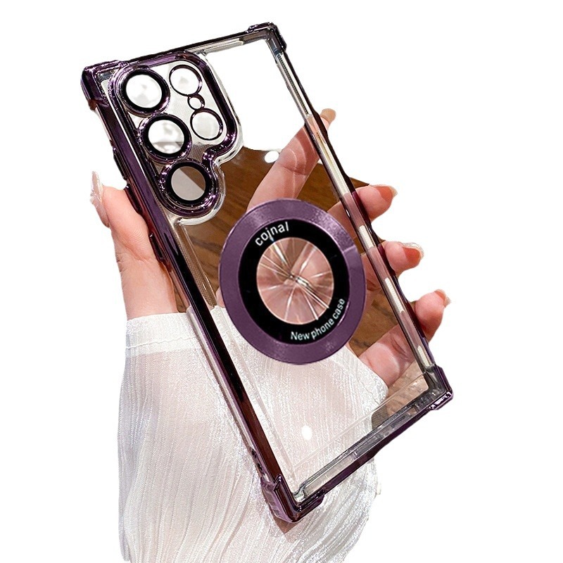Funda magnética electrochapada con airbag en las cuatro esquinas para Samsung S25 Ultra, S26 con película protectora de lente integrada, funda protectora A56