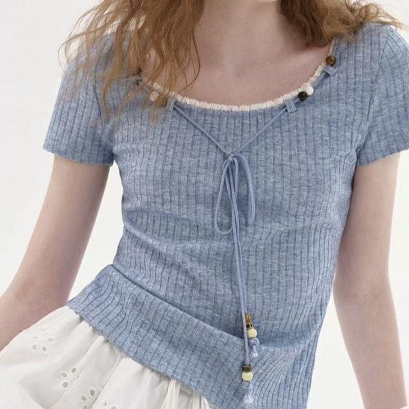 Sea Salt Milk Blue "Lace Trim Beaded Drawstring" Ribbed Texture Slim Fit Summer Design Short-Sleeve T-Shirt Sea Salt Milk Blue "Lace Trim Beaded Drawstring" Ribbed Texture Slim Fit Summer Design Short-Sleeve T-Shirt