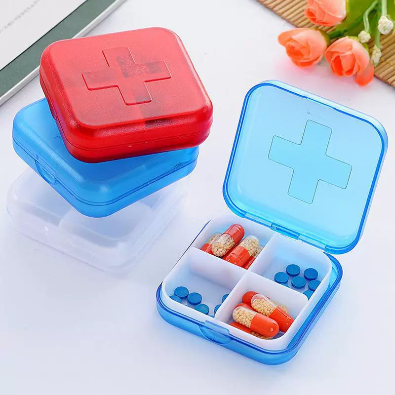 Кросс-Грид коробочка для пилюль JuQian с крышкой, 6x6x2 см, портативная аптечка с 4 отделениями – красный синий розовый зеленый белый