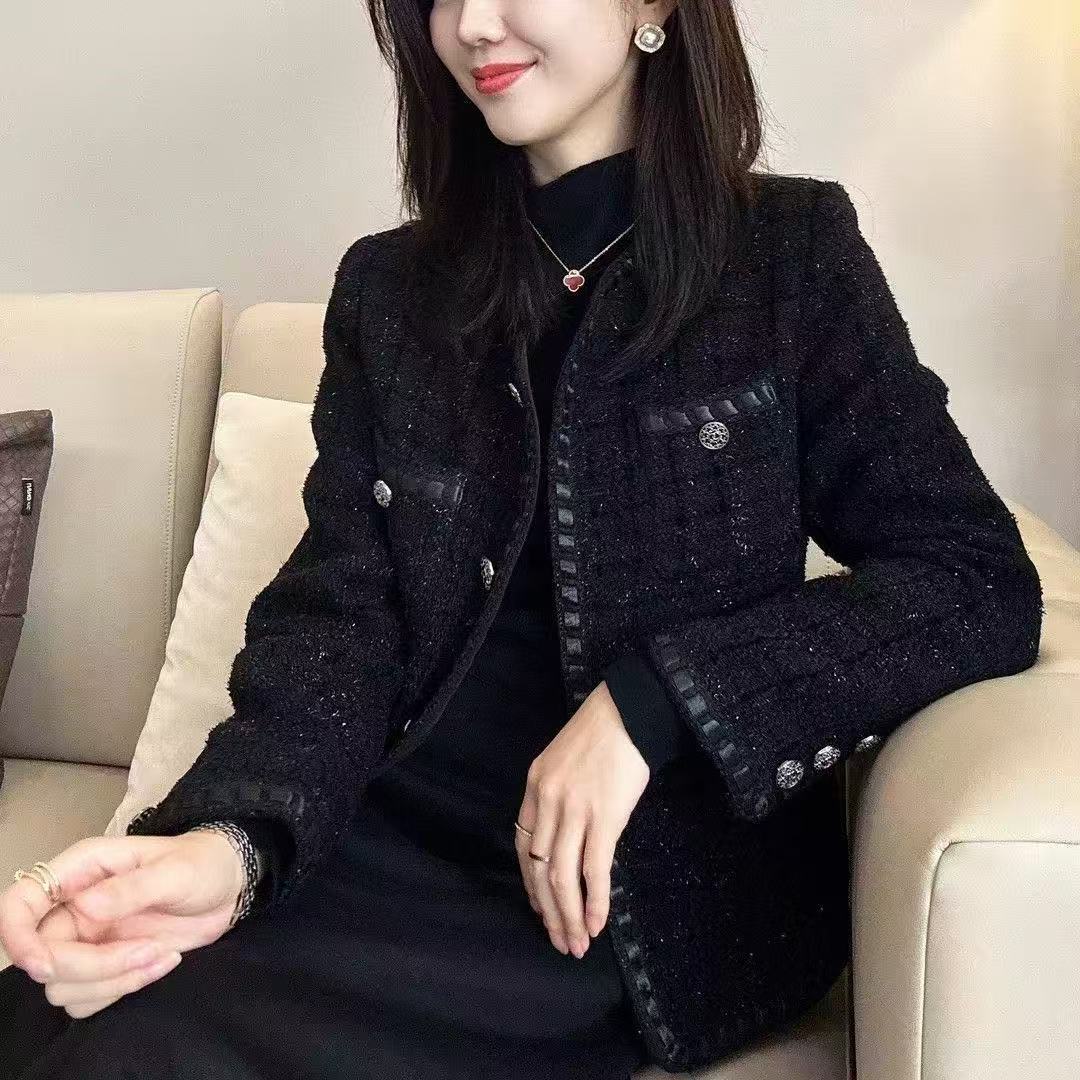 2025 New Black Coat Top Elegant Round Neck New Style Chanel-Style Socialite Fashion High-End Tweed Coat