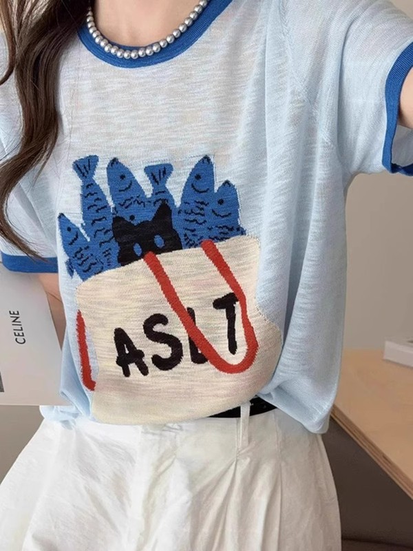 Gejia モールの同じスタイルの女性の 2025 夏薄いブルーアイスシルク半袖 T シャツ韓国の超見栄えの良いユニークなトップ|undefined
