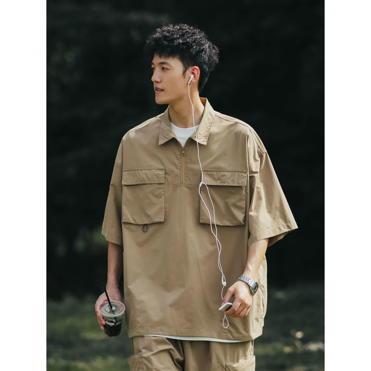 Camisa de polo japonesa de los hombres de manga corta de verano marca de moda suelta más tamaño camisa de herramientas de montaña funcional camiseta de media manga