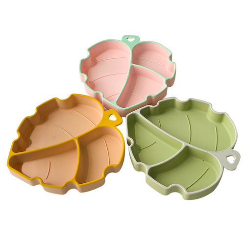 Three-compartment dinner plate for children to eat independently, large suction cup bowl, anti-tip silicone dinner plate, leaf baby food bowl